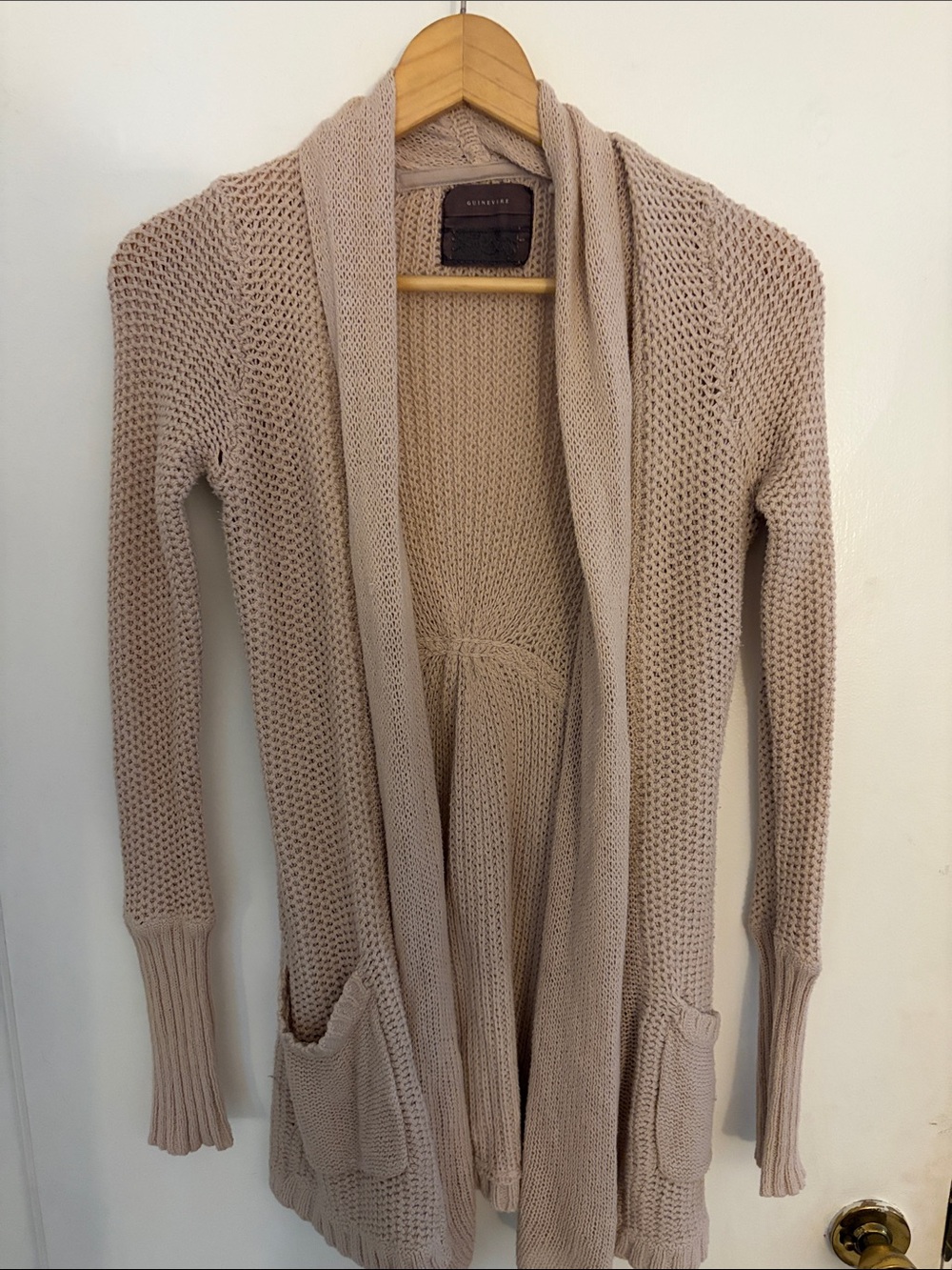 Open-Front Light Beige Knit Cardigan with Pockets
